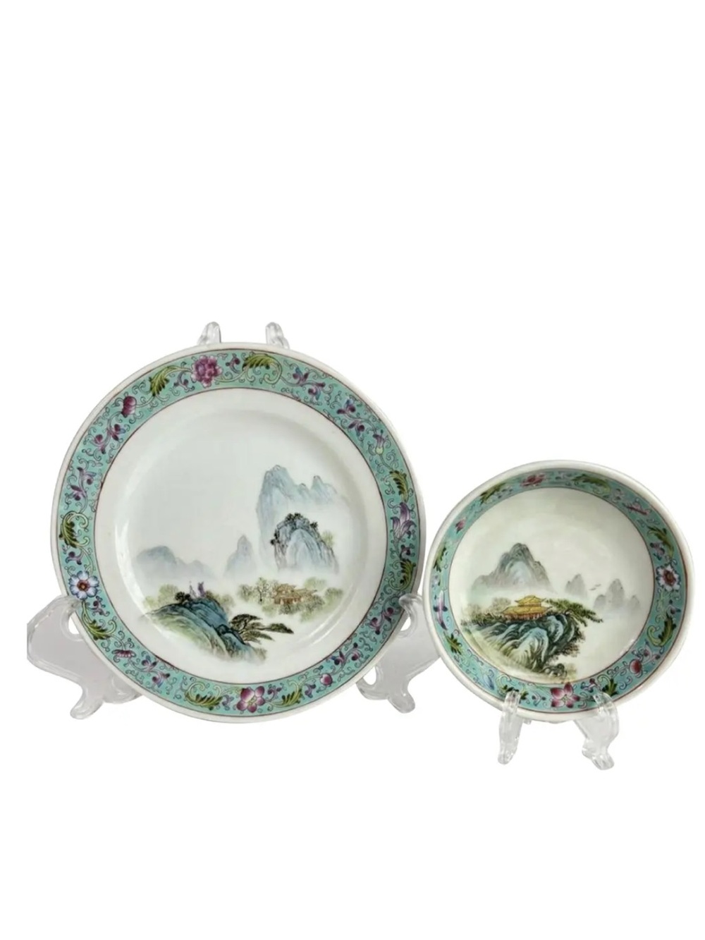 Vintage Hand-Painted Chinese Famille Rose Landscape & Turquoise Enamel Dish Set